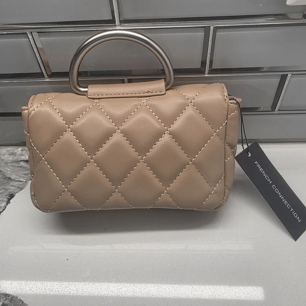 French Connection Quilted‎ Top Handle Crossbody Bag Purse Mell in Latte